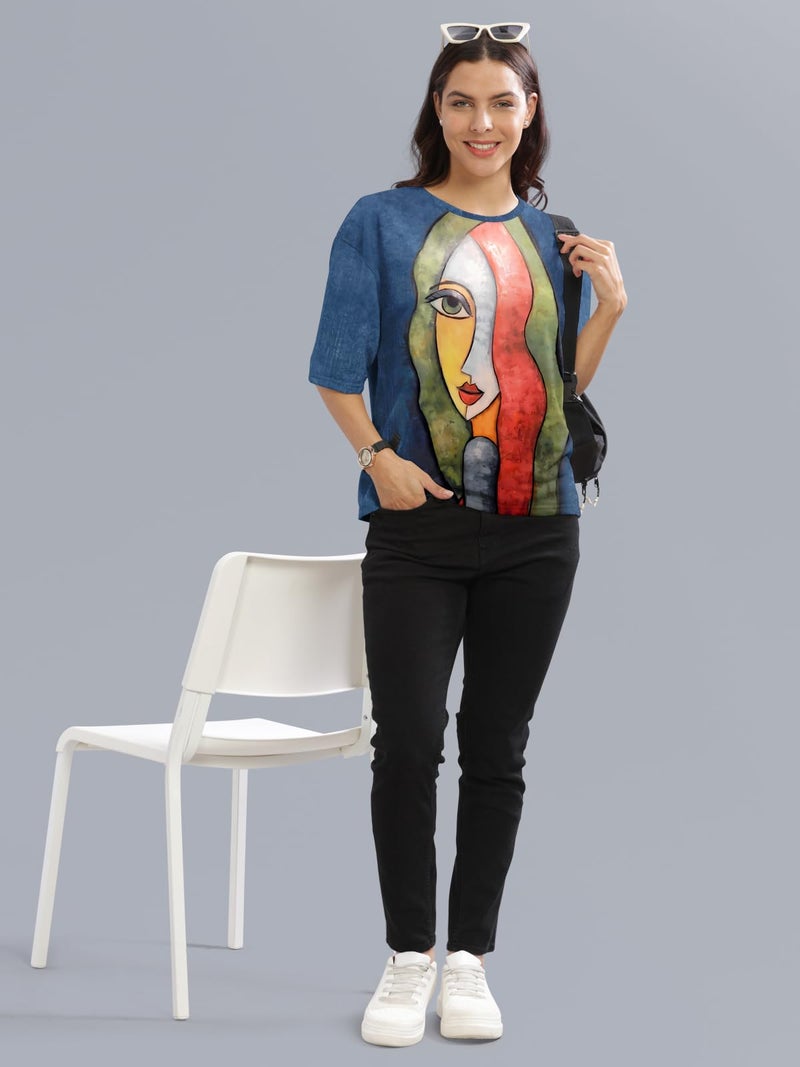 HELLCAT Cotton Blend Blue Printed Loose Fit Crew-Neck Crop T-Shirt for Women/Blue/XX-Large - Image 5