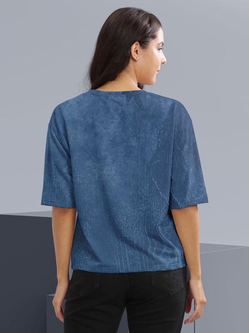 HELLCAT Cotton Blend Blue Printed Loose Fit Crew-Neck Crop T-Shirt for Women/Blue/XX-Large - Image 3