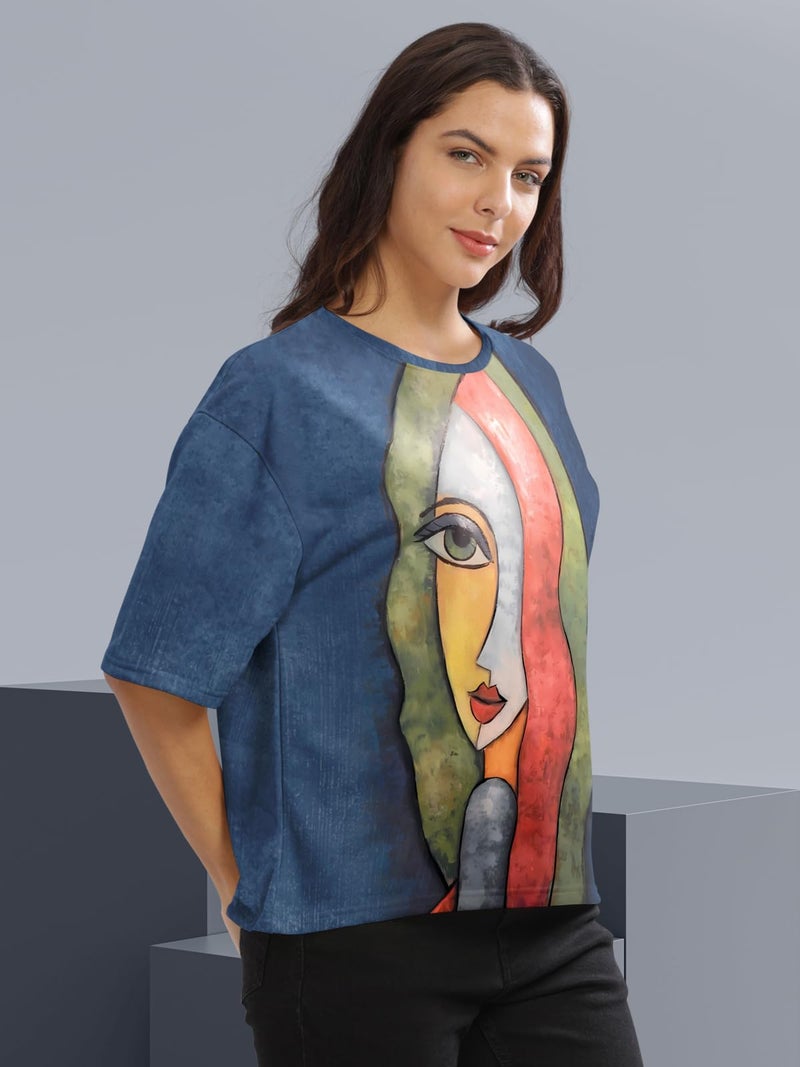 HELLCAT Cotton Blend Blue Printed Loose Fit Crew-Neck Crop T-Shirt for Women/Blue/XX-Large - Image 4