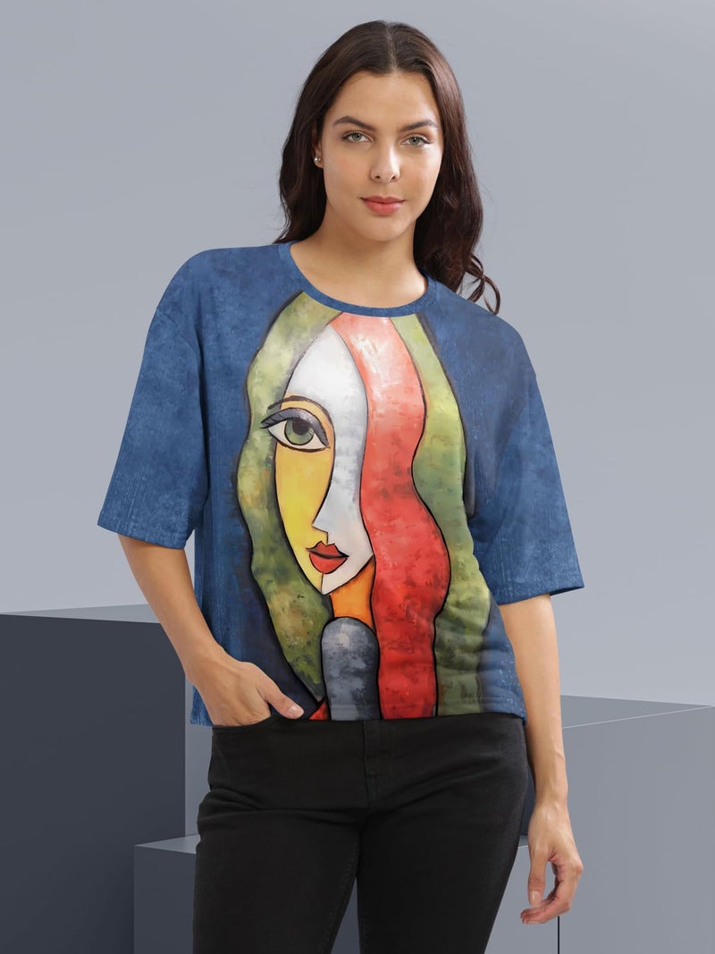 HELLCAT Cotton Blend Blue Printed Loose Fit Crew-Neck Crop T-Shirt for Women/Blue/XX-Large - Image 2