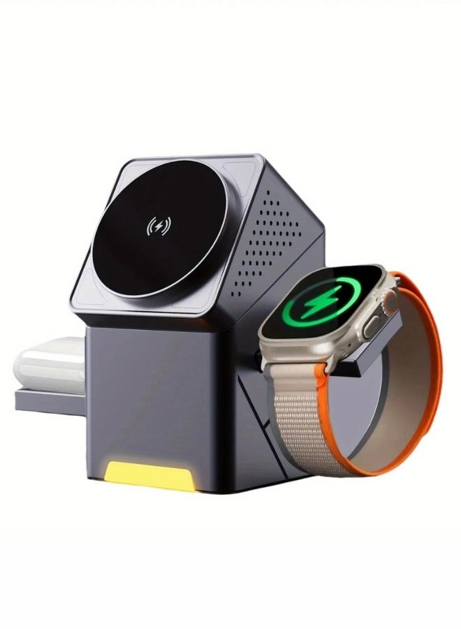 بيتشو مكعب 3 في 1 متوافق مع ماج سيف، شاحن لاسلكي سريع الشحن بقوة 15 وات، متوافق مع آيفون 16/15/14/13، ساعة 1-8/ألترا، سماعات إيربودز برو - Image 1