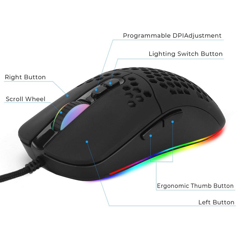HXMJ Wired USB C Gaming Mice,Lightweight Honeycomb Shell,7200DPI,5 RGB Backlit for Apple MacBook,Tablets,Computer or Laptops with Type C Port - Image 2