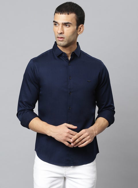 Navy Slim Fit Casual Spread Shirt - 100% Cotton