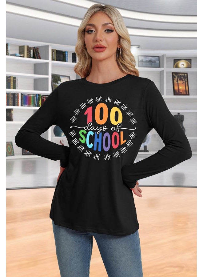 PECHAR 100 Days of School Shirt Teacher School Days Long Sleeve Shirts Funny 100 Days Celebration Gifts Tee Tops Black - Image 4