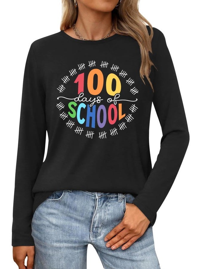 PECHAR 100 Days of School Shirt Teacher School Days Long Sleeve Shirts Funny 100 Days Celebration Gifts Tee Tops Black - Image 1