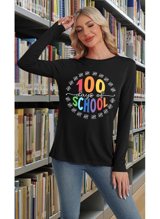 PECHAR 100 Days of School Shirt Teacher School Days Long Sleeve Shirts Funny 100 Days Celebration Gifts Tee Tops Black - Image 5