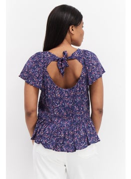 promod Women Round Neck Cap Sleeves Allover Print Top, Purple Combo  - Image 2