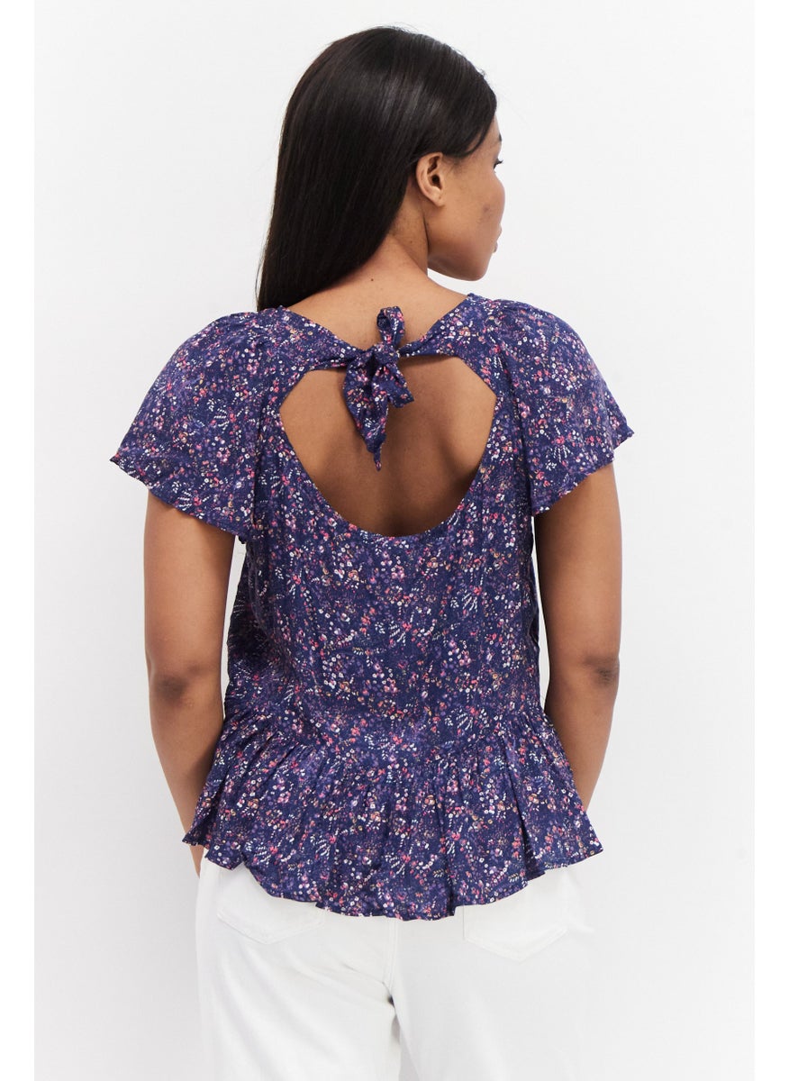 promod - Women Round Neck Cap Sleeves Allover Print Top, Purple Combo - Image 1