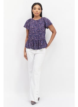 promod Women Round Neck Cap Sleeves Allover Print Top, Purple Combo  - Image 4