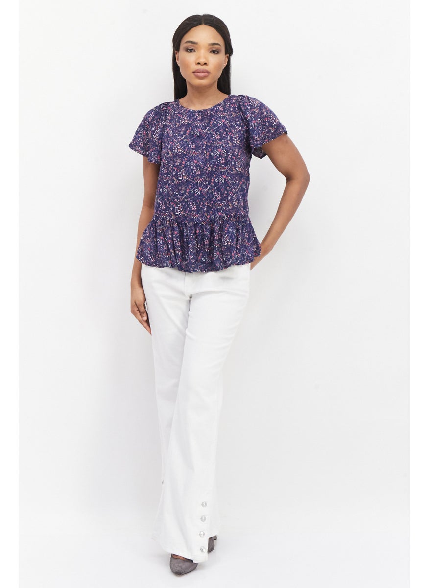 promod - Women Round Neck Cap Sleeves Allover Print Top, Purple Combo - Image 1