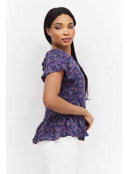 promod Women Round Neck Cap Sleeves Allover Print Top, Purple Combo  - Image 3