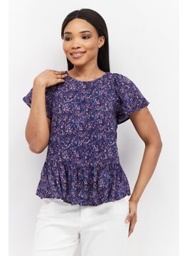 Women Round Neck Cap Sleeves Allover Print Top, Purple Combo