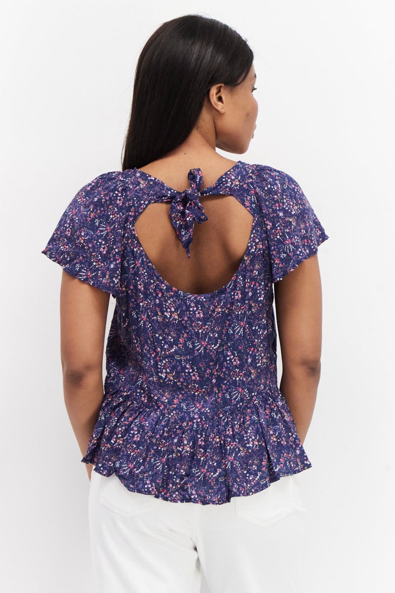 promod Women Round Neck Cap Sleeves Allover Print Top, Multicolor - Image 2