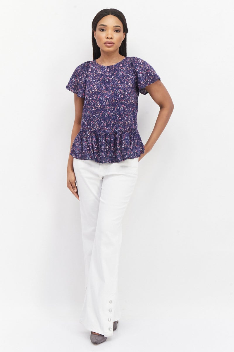 promod Women Round Neck Cap Sleeves Allover Print Top, Multicolor - Image 4