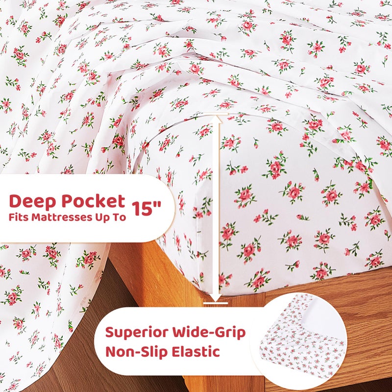 Mooreeke Cozy Vintage Microfiber Printed Floral Full Sheet Set - Soft & Breathable Red Rose Bed Sheets with Extra Deep Pocket - Non-Slip Fitted Design - Red Rose Leaves Pattern - Full - Image 4