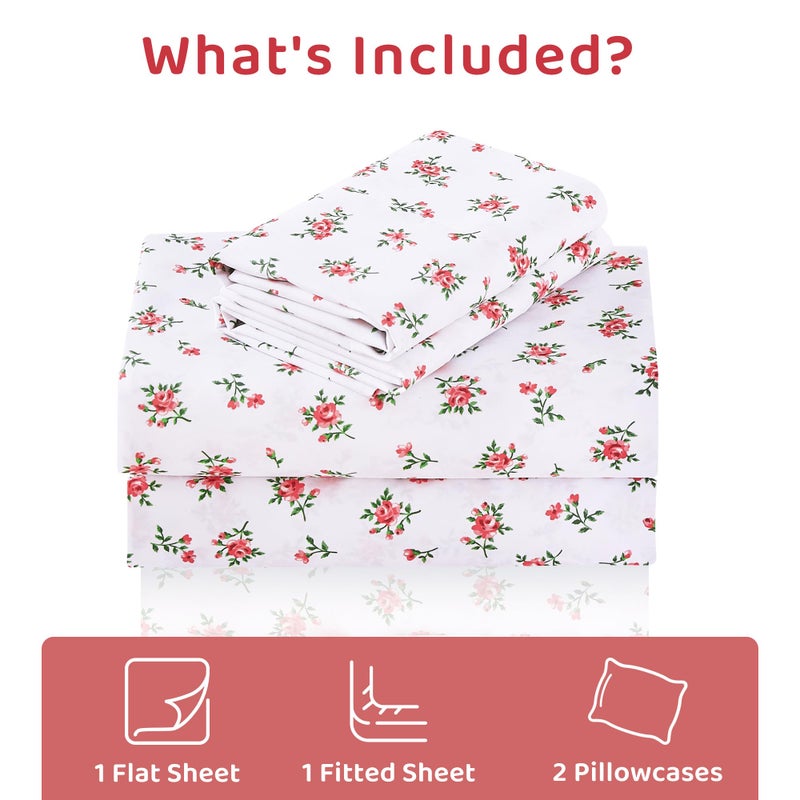 Mooreeke Cozy Vintage Microfiber Printed Floral Full Sheet Set - Soft & Breathable Red Rose Bed Sheets with Extra Deep Pocket - Non-Slip Fitted Design - Red Rose Leaves Pattern - Full - Image 2