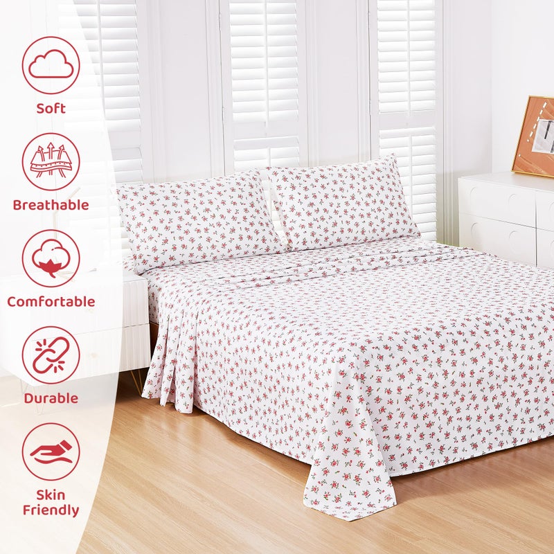 Mooreeke Cozy Vintage Microfiber Printed Floral Full Sheet Set - Soft & Breathable Red Rose Bed Sheets with Extra Deep Pocket - Non-Slip Fitted Design - Red Rose Leaves Pattern - Full - Image 3