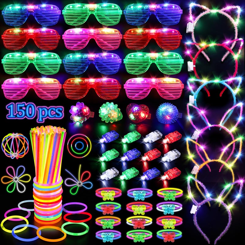 TSDATOWR 150PCS Glow in the Dark Party Supplies for Kids Adults, Light Up Party Favors with Light Up Glasses, Headband, Rings, 100 Glow Sticks Bulk Party Pack DIY Glow Necklaces Bracelets, Neon Party Supplies - Image 1