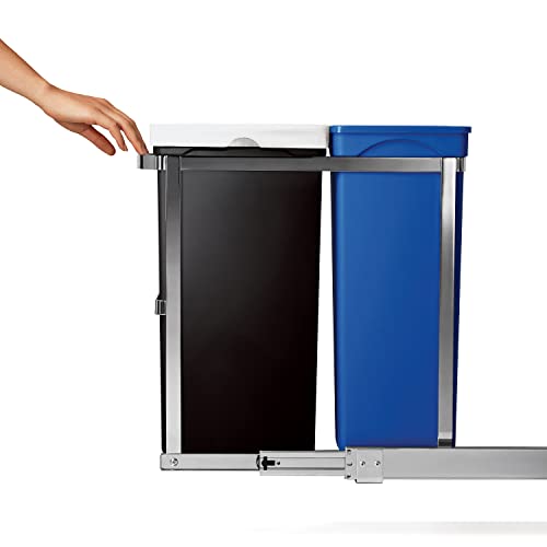 simplehuman 35 Liter / 9.3 Gallon Dual Compartment Under Counter Kitchen Cabinet Pull-Out Recycling Bin and Trash Can, Chrome - Image 4