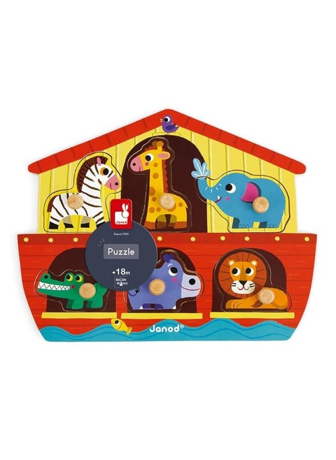 Janod 6 Piece Noahâ€™s Ark Puzzle Themed Wooden Peg Colorful Jigsaw Puzzle - Encourages Shape Recognition, Dexterity, and Language Development - Preschool Kids and Toddlers 18 Months+