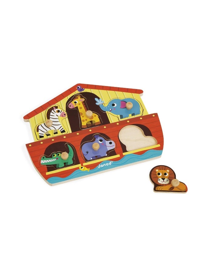 Janod 6 Piece Noahâ€™s Ark Puzzle Themed Wooden Peg Colorful Jigsaw Puzzle - Encourages Shape Recognition, Dexterity, and Language Development - Preschool Kids and Toddlers 18 Months+
