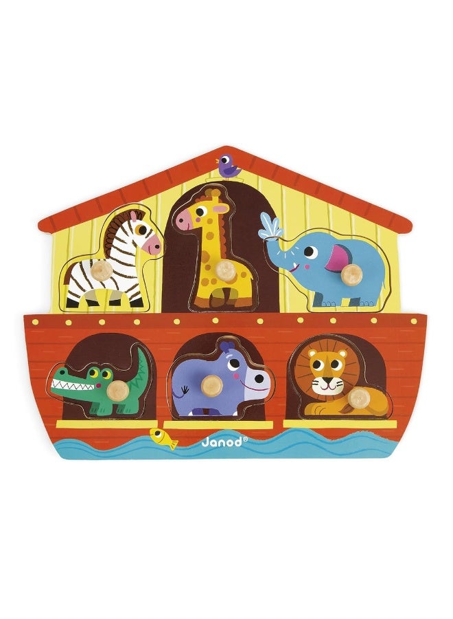 Janod 6 Piece Noahâ€™s Ark Puzzle Themed Wooden Peg Colorful Jigsaw Puzzle - Encourages Shape Recognition, Dexterity, and Language Development - Preschool Kids and Toddlers 18 Months+