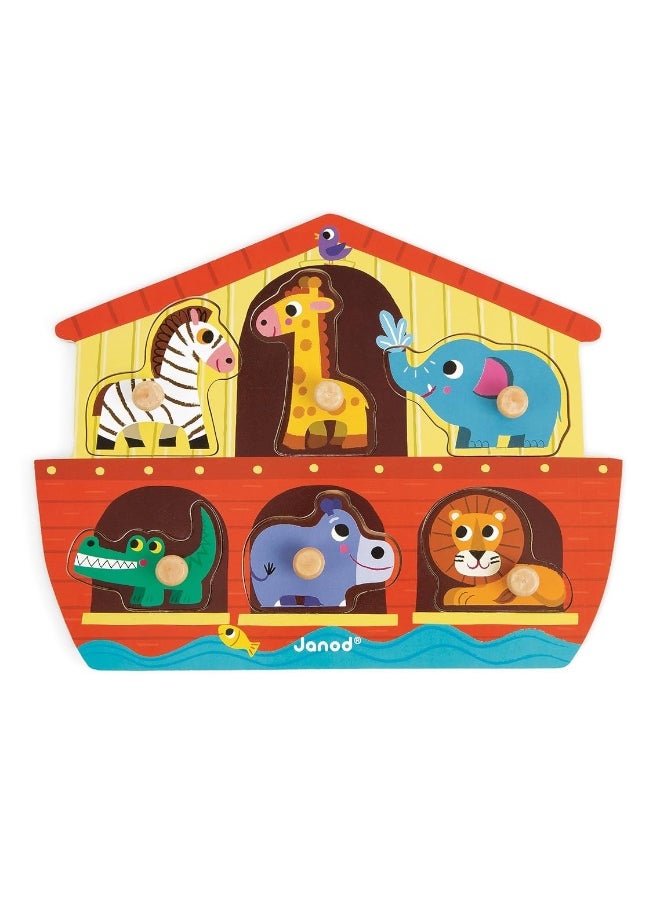 Janod 6 Piece Noahâ€™s Ark Puzzle Themed Wooden Peg Colorful Jigsaw Puzzle - Encourages Shape Recognition, Dexterity, and Language Development - Preschool Kids and Toddlers 18 Months+