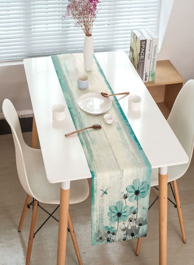 Uokiuki Teal Flower Table Runner, Vintage Farmhouse Country Floral Rustic Wood Table Runners for Dining Room, Kitchen, Living Room, Holiday and Party Table Decor 13 x 72inch - Image 3