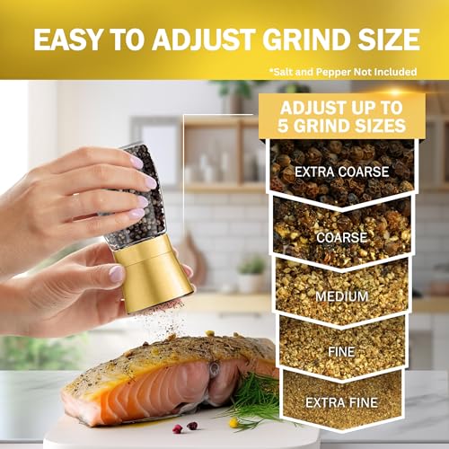 Home EC Original Gold Salt and Pepper Grinder Set of 2 - Adjustable Ceramic Grinder - Glass Salt and Pepper Shakers With Funnel and Ebook - Kitchen Spice Mill - Gold Kitchen Accessories - Image 3