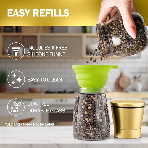 Home EC Original Gold Salt and Pepper Grinder Set of 2 - Adjustable Ceramic Grinder - Glass Salt and Pepper Shakers With Funnel and Ebook - Kitchen Spice Mill - Gold Kitchen Accessories - Image 4