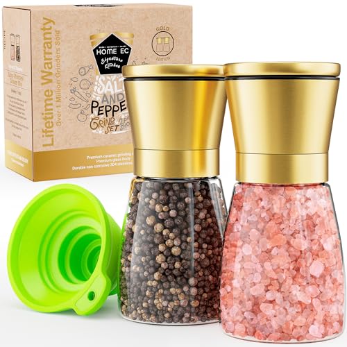 Home EC Original Gold Salt and Pepper Grinder Set of 2 - Adjustable Ceramic Grinder - Glass Salt and Pepper Shakers With Funnel and Ebook - Kitchen Spice Mill - Gold Kitchen Accessories - Image 1