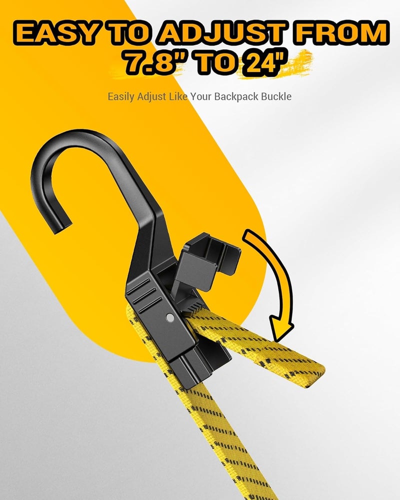 LuckyStraps 6 Pcs 24 Inch Flat Adjustable Bungee Cords with Hooks, 3X Faster to Adjust The Length, Lucky Straps Yellow Heavy Duty Bungee Straps for Cargo, Bike, Cart, Tent, Truck, Camping, Outdoor, etc Simple multi-feature universal build - Image 3
