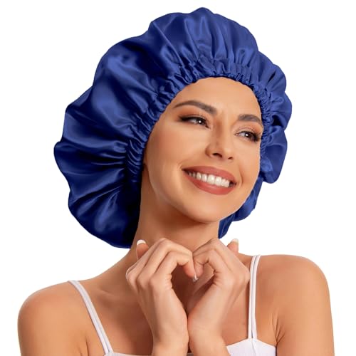 Edoneery Satin Bonnet Silk Bonnet Hair Bonnet for SleepingSlouchy Beanie Hat Satin Sleep Cap for Womens Natural  Curly HairNavy