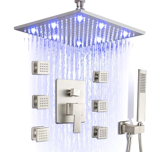 SKOWLL Shower Body Faucet Set Ceiling Mount 12 Inch LED Shower Head 6 Body Spray Jet High Pressure Shower System Sets Complete Roughin Valve and Shower Trim Kit System Brushed Nickel - Image 1