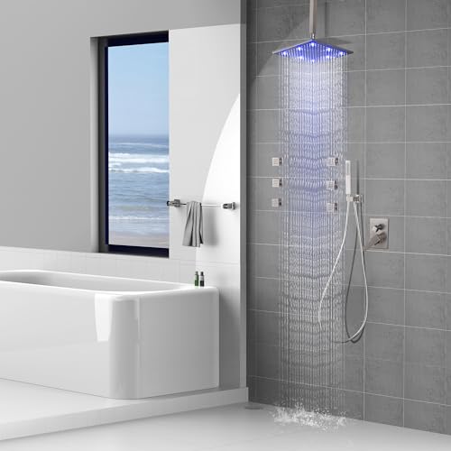 SKOWLL Shower Body Faucet Set Ceiling Mount 12 Inch LED Shower Head 6 Body Spray Jet High Pressure Shower System Sets Complete Roughin Valve and Shower Trim Kit System Brushed Nickel - Image 3