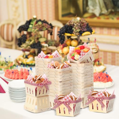 Vesici 61 Pcs/30 Sets Pint Wood Berry Basket with Wax Paper Sheets Gingham Ribbon 4 x 4 Inch Farmers Market Mini Display Basket for Blueberry Baby Shower Birthday Party Supplies Gift(Plaid,Red) - Image 5