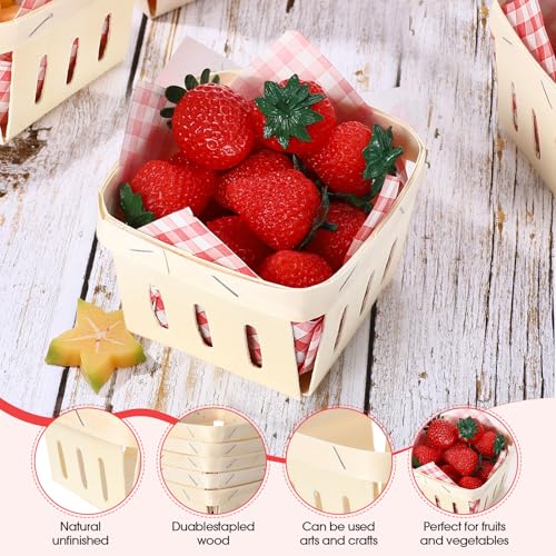 Vesici 61 Pcs/30 Sets Pint Wood Berry Basket with Wax Paper Sheets Gingham Ribbon 4 x 4 Inch Farmers Market Mini Display Basket for Blueberry Baby Shower Birthday Party Supplies Gift(Plaid,Red) - Image 4