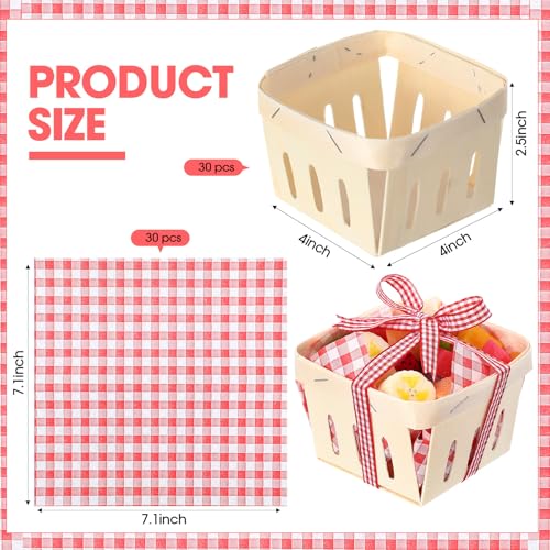 Vesici 61 Pcs/30 Sets Pint Wood Berry Basket with Wax Paper Sheets Gingham Ribbon 4 x 4 Inch Farmers Market Mini Display Basket for Blueberry Baby Shower Birthday Party Supplies Gift(Plaid,Red) - Image 3