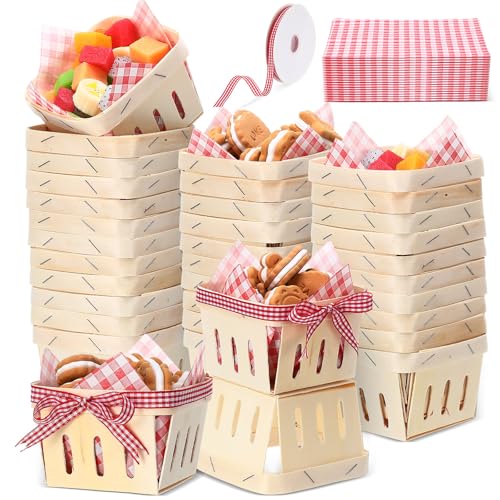 Vesici 61 Pcs/30 Sets Pint Wood Berry Basket with Wax Paper Sheets Gingham Ribbon 4 x 4 Inch Farmers Market Mini Display Basket for Blueberry Baby Shower Birthday Party Supplies Gift(Plaid,Red) - Image 1