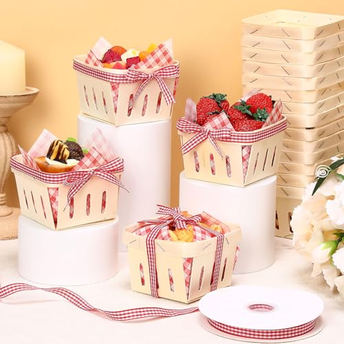 Vesici 61 Pcs/30 Sets Pint Wood Berry Basket with Wax Paper Sheets Gingham Ribbon 4 x 4 Inch Farmers Market Mini Display Basket for Blueberry Baby Shower Birthday Party Supplies Gift(Plaid,Red) - Image 2