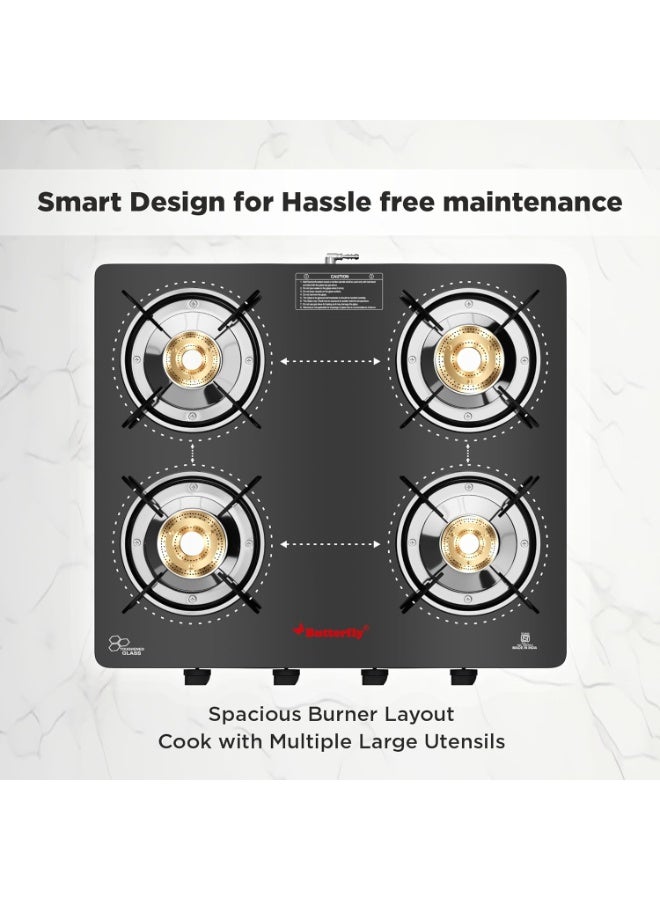 Butterfly Smart 4 Burner Glass Top Gas Stove | Manual Ignition | Scratch Resistant Toughened Glass | Brass Burners | Skid-proof Legs | 1 Year Manufacturer's Warranty | Black - Image 4