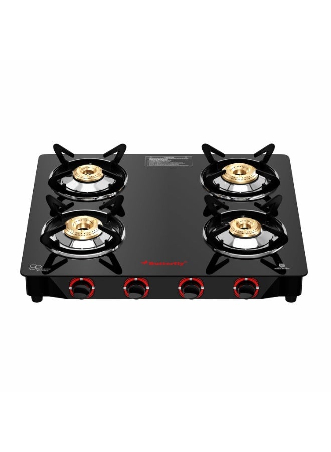 Butterfly Smart 4 Burner Glass Top Gas Stove | Manual Ignition | Scratch Resistant Toughened Glass | Brass Burners | Skid-proof Legs | 1 Year Manufacturer's Warranty | Black - Image 1
