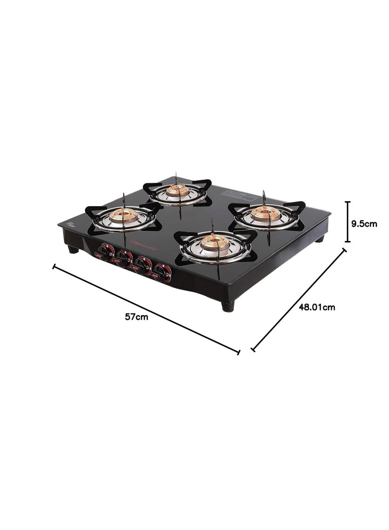 Butterfly Smart 4 Burner Glass Top Gas Stove | Manual Ignition | Scratch Resistant Toughened Glass | Brass Burners | Skid-proof Legs | 1 Year Manufacturer's Warranty | Black - Image 3