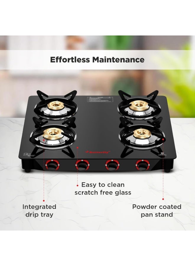 Butterfly Smart 4 Burner Glass Top Gas Stove | Manual Ignition | Scratch Resistant Toughened Glass | Brass Burners | Skid-proof Legs | 1 Year Manufacturer's Warranty | Black - Image 2
