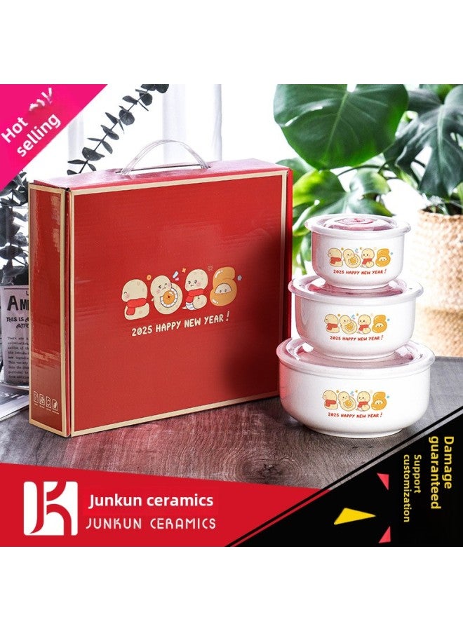 Year Of The Snake Gift Bowl Printed Cartoon Ceramic Fresh-keeping Bowl Three-piece Cartoon Sealed Bowl Wedding Gift Tableware Suit-Specifications:2025 Year Of The Snake-Color:Medium Single Color Box (60 Or 30 Sets Per Box) - Image 1