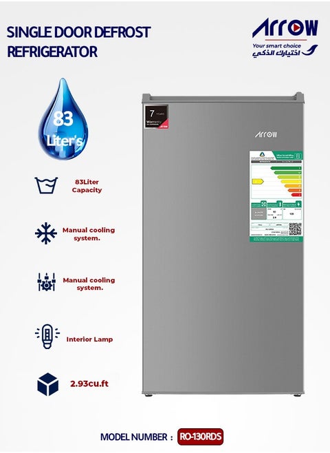 ARROW SINGLE DOOR DEFROST REFRIGERATOR, 83L, 2.9 Cubic Feet, Door material -Metal, SILVER , RO-130RDS
