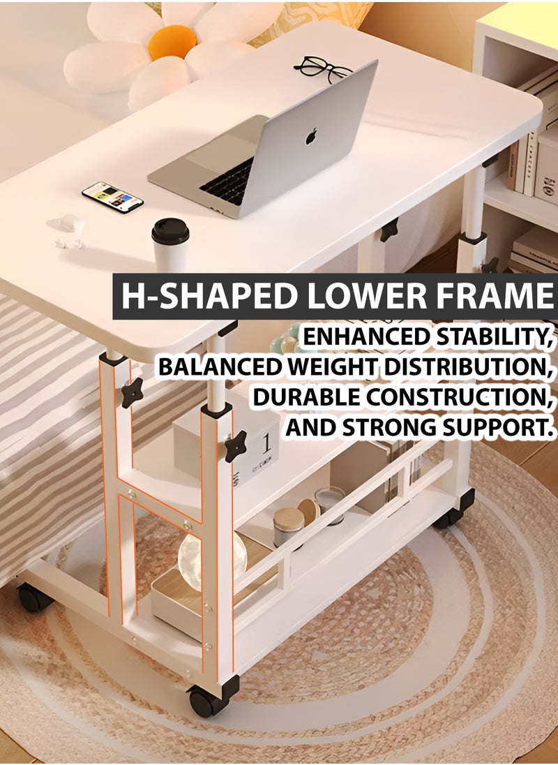 Toshionics - Laptop Table with Storage and Rolling Wheels Height Adjustable Desk Mobile Workstation Laptop Cart with Wheels Compact Side Table Bedside Laptop Desk Snack Tray Table Overbed Table Couch Table with Storage Space-Saving Multi-Purpose End Table Computer Desk with Shelf Portable Writing Desk Study Table with Wheels for Home Bedroom Living Room  Office Use (80x40cm) - Image 1