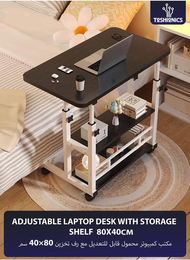Toshionics Laptop Table with Storage and Rolling Wheels Height Adjustable Desk Mobile Workstation Laptop Cart with Wheels Compact Side Table Bedside Laptop Desk Snack Tray Table Overbed Table Couch Table with Storage Space-Saving Multi-Purpose End Table Computer Desk with Shelf Portable Writing Desk Study Table with Wheels for Home Bedroom Living Room  Office Use (80x40cm)  - Image 1