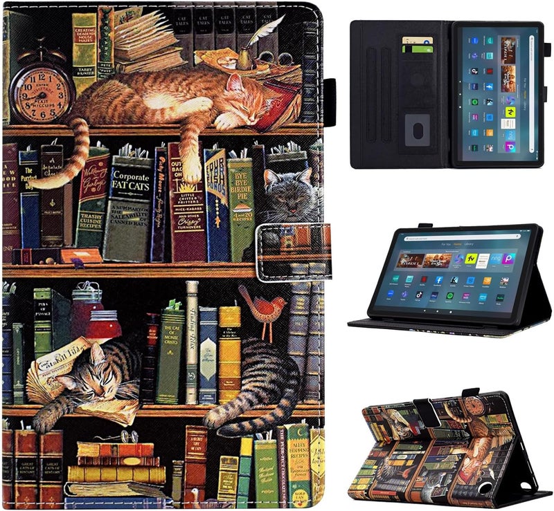 حالة جميلة ومتينة لجهاز Kindle Fire Max 11 (الجيل الثالث عشر، إصدار 2023)، مصنوعة من جلد PU، قابلة للطي وتحتوي على دعامة، مزودة بجيب، مع وظيفة تنشيط/إيقاف التطبيق تلقائيًا، بتصميم يحتوي على صورة قطة على رف كتب. - Image 1