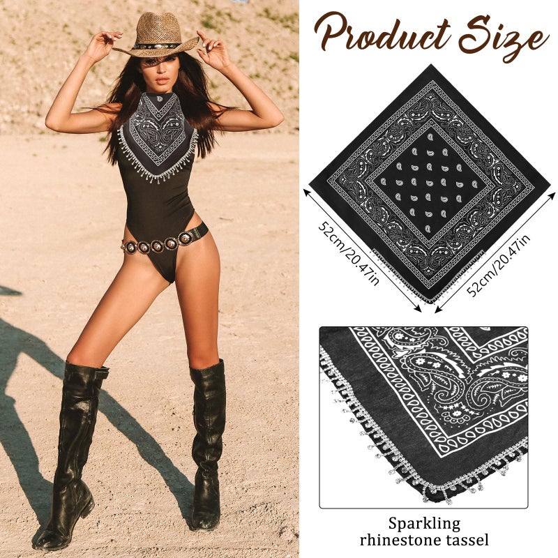 Vabean 2 Pcs Rhinestone Bandana Disco Fringed Paisley Glitter Bandanas for Women Cowgirl Bachelorette Tassel Kerchief(Black and Brown) - Image 3